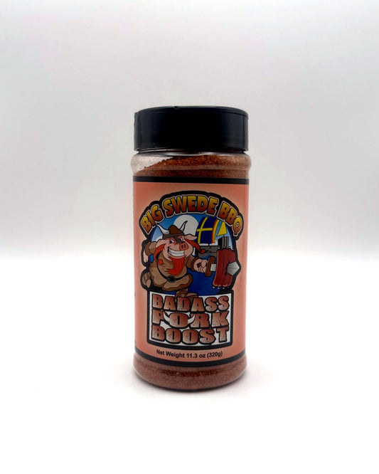 Bottle of Big Swede BBQ Badass Pork Boost on a white background