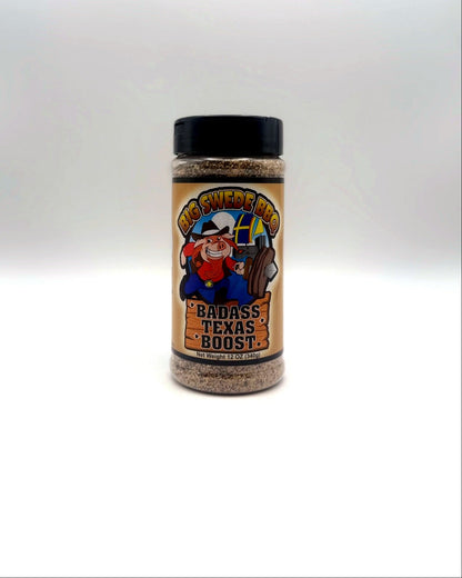 Spice jar labeled Big Swede Badass Texas Boost on a white background