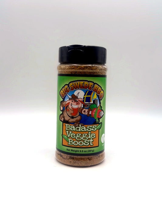 Jar of 'Big Swede BBQ Badass Veggie Boost' with a colorful label on a white background