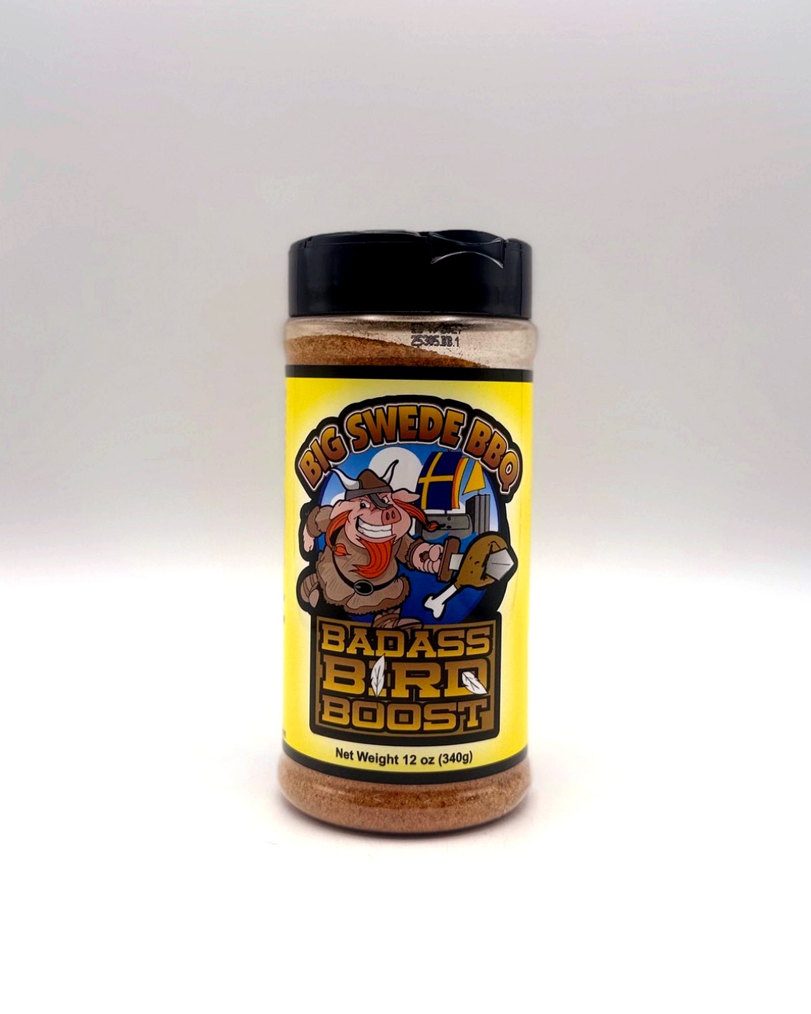Jar of 'Big Swede BBQ Badass Bird Boost' seasoning with a cartoon character on a white background