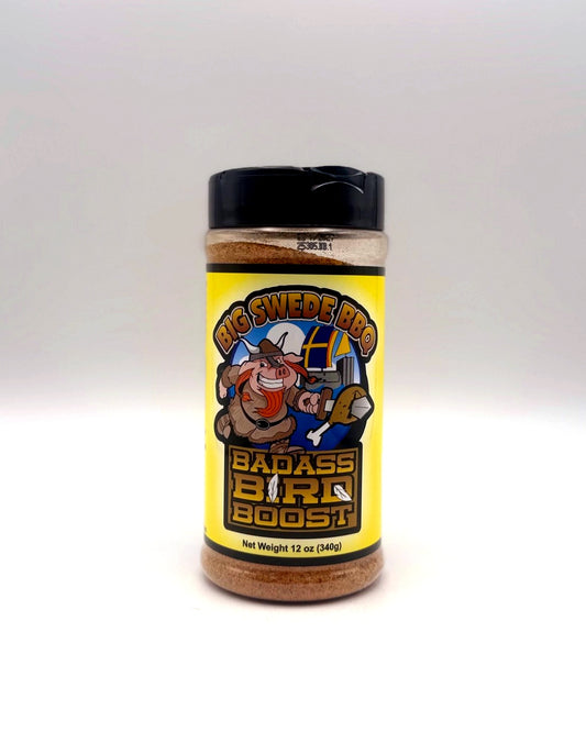 Jar of 'Big Swede BBQ Badass Bird Boost' seasoning with a cartoon character on a white background