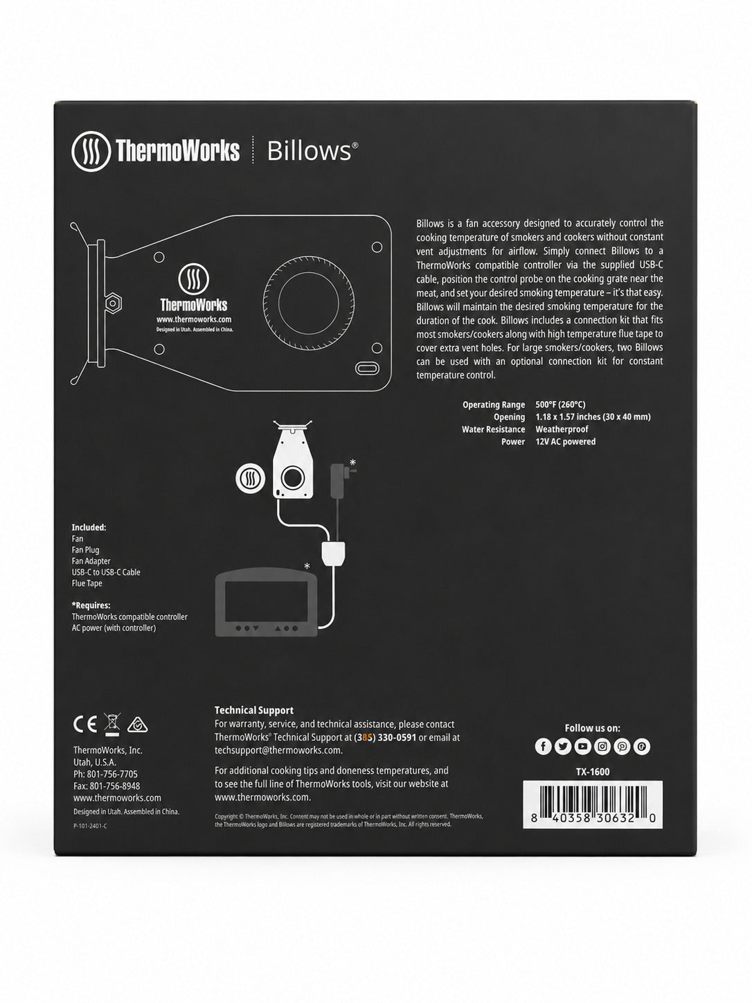 Back view of ThermoWorks Billows packaging with technical details and branding.