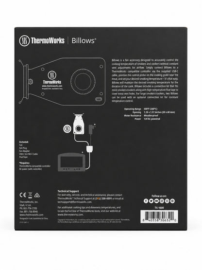 Back view of ThermoWorks Billows packaging with technical details and branding.