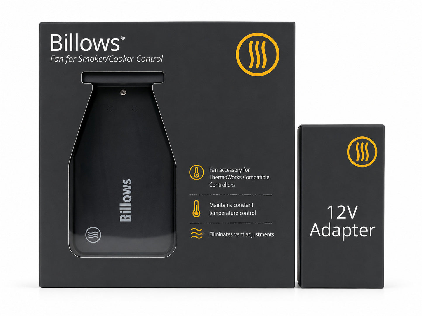 Billows fan for smoker/cooker control with packaging and 12V adapter on a white background