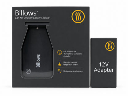 Billows fan for smoker/cooker control with packaging and 12V adapter on a white background