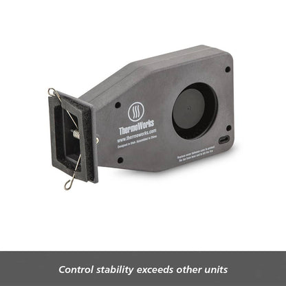 Thermoworks device on a white background with text about control stability.