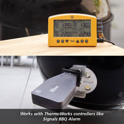 Digital thermometer on a grill with ThermoWorks branding