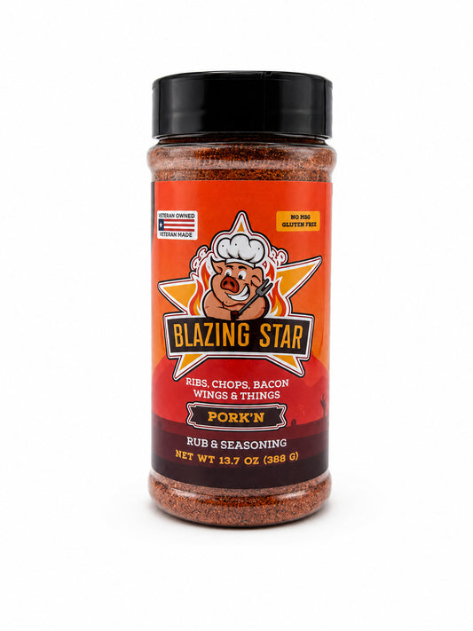 Blazing Star Pork 'N rub & seasoning jar on a white background