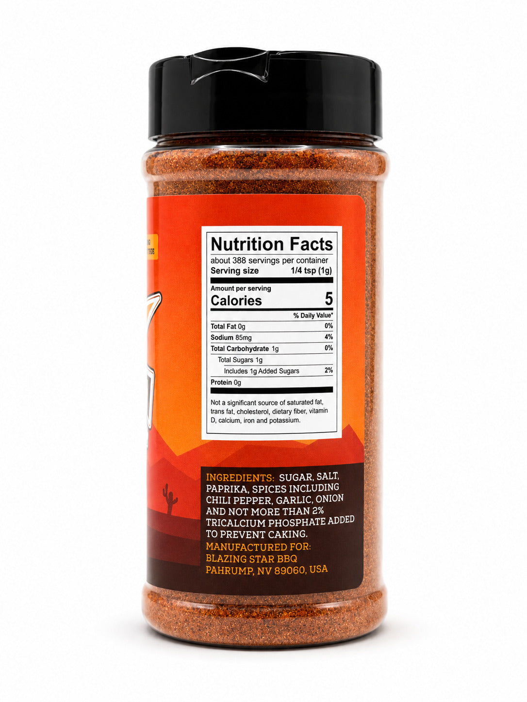 Blazing Star Pork'n Rub with nutrition facts  and ingredients label on a white background