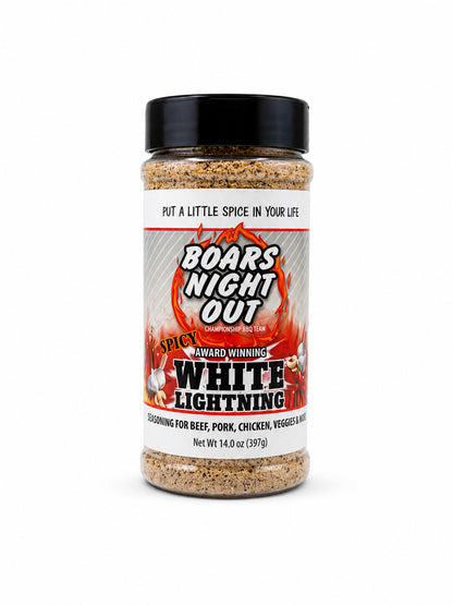 Spice jar labeled 'Boar's Night Out Spicy White Lightning' on a white background