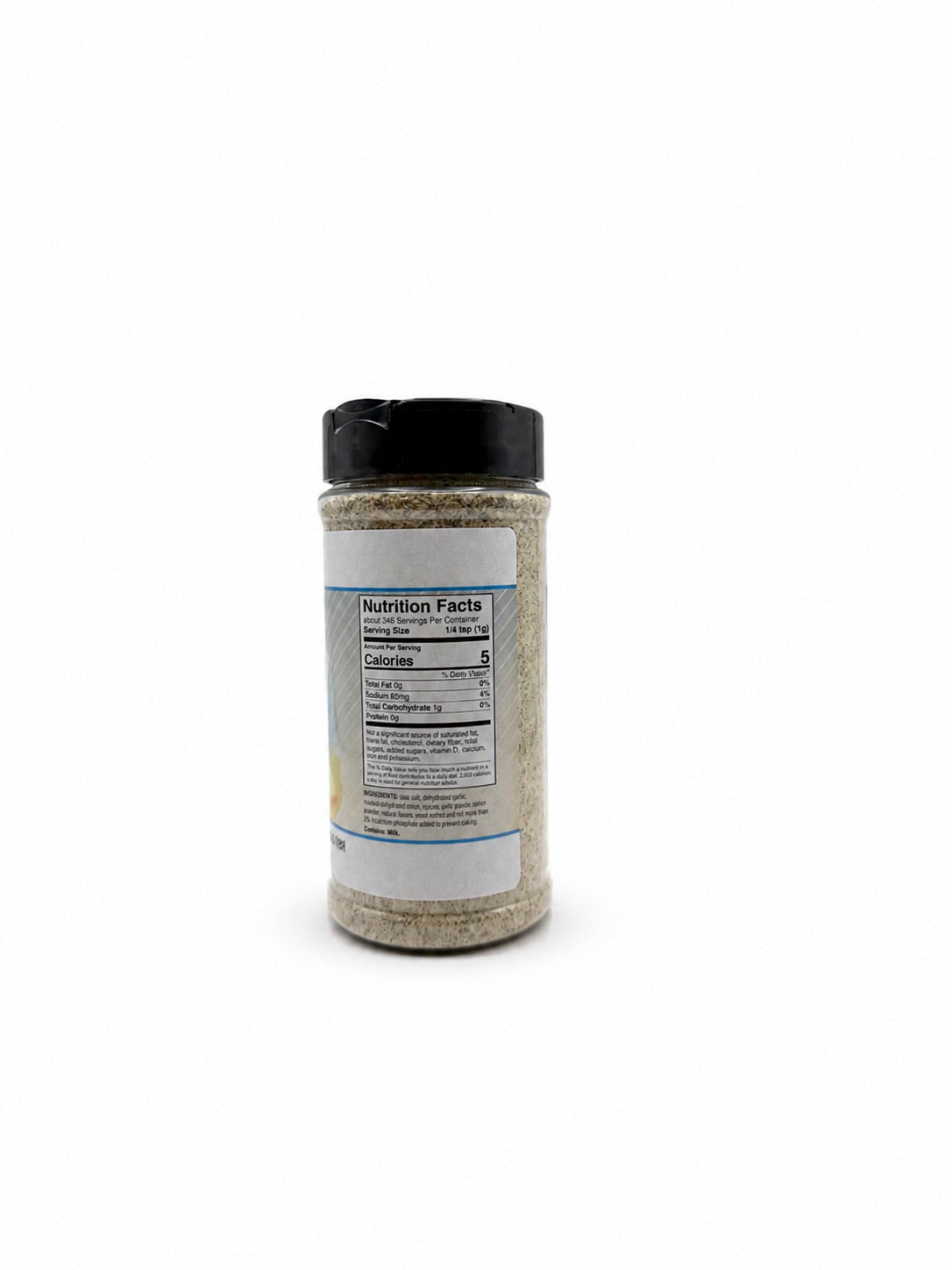 Jar of seasoning with a label on a white background
