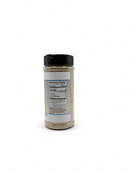 Jar of seasoning with a label on a white background