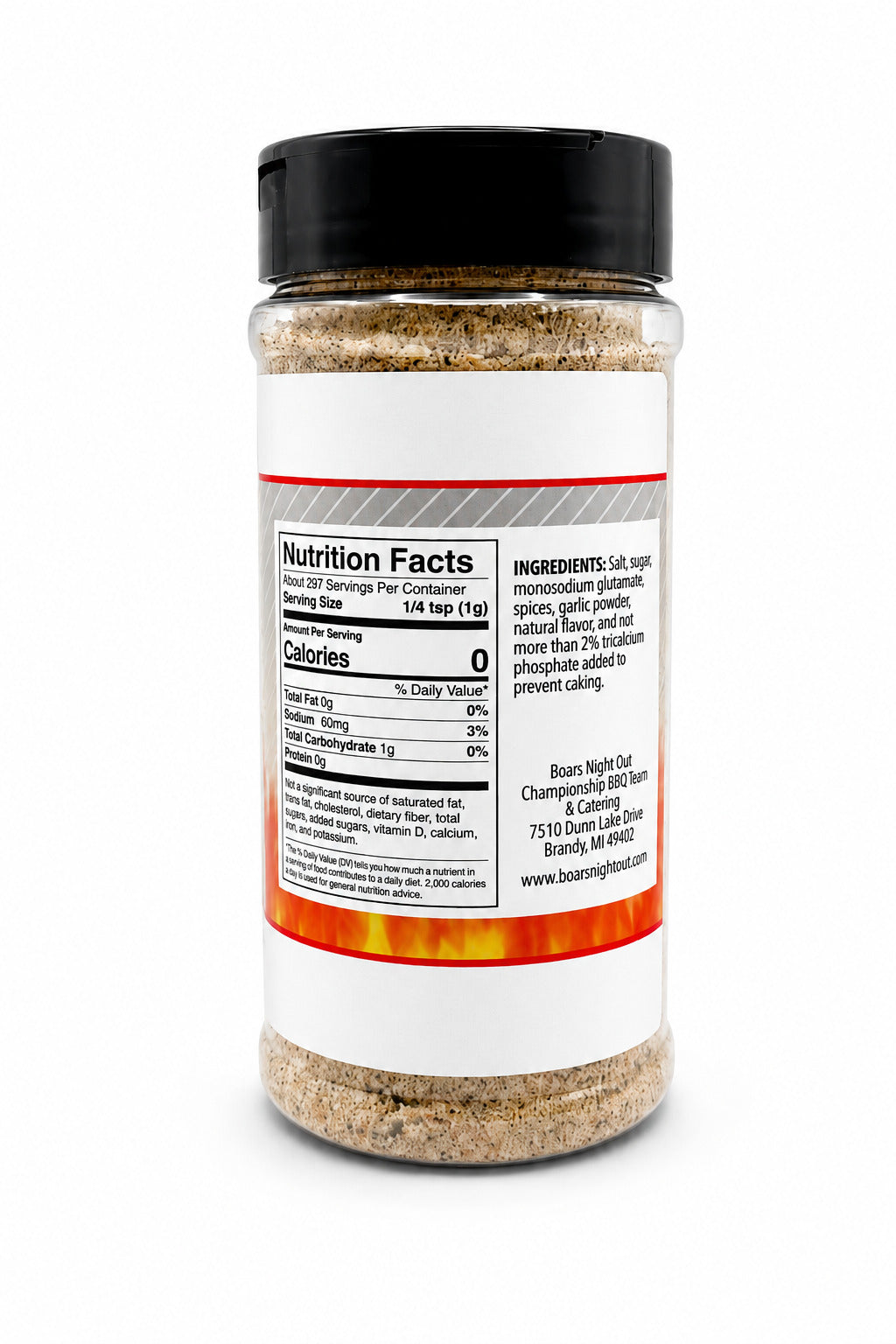 Boars Night Out Spicy White Lightning bottle with nutrition facts label on a white background