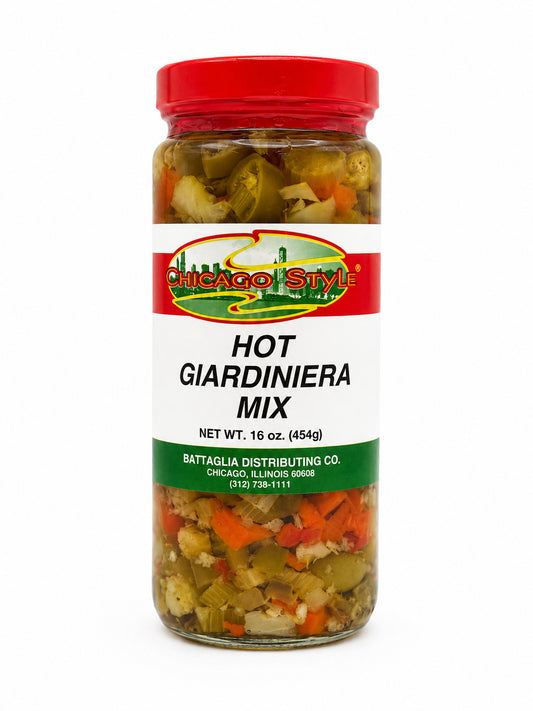 Chicago Style Hot Giardiniera Mix jar on a white background