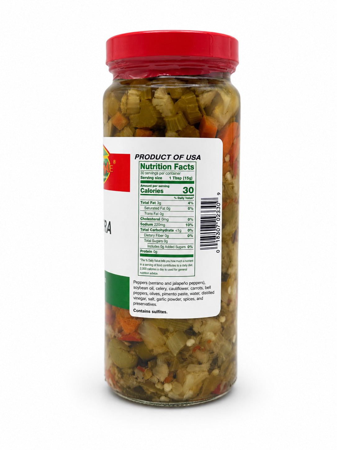 Jar of Chicago Style Hot Giardiniera Mix with a red lid and nutrition label on a white background