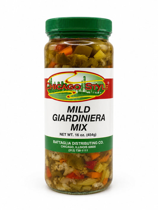 Chicago Style Mild Giardiniera Mix jar on a white background