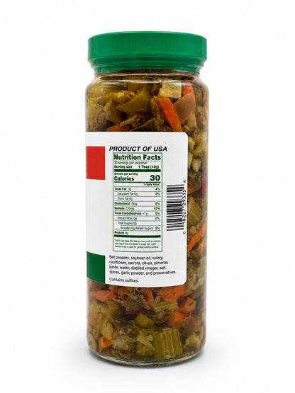 Jar of Chicago Style Mild Giardiniera Mix with a nutritional label on a white background