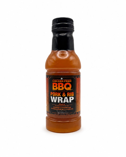 Bottle of pork and rib wrap with a label on a white background