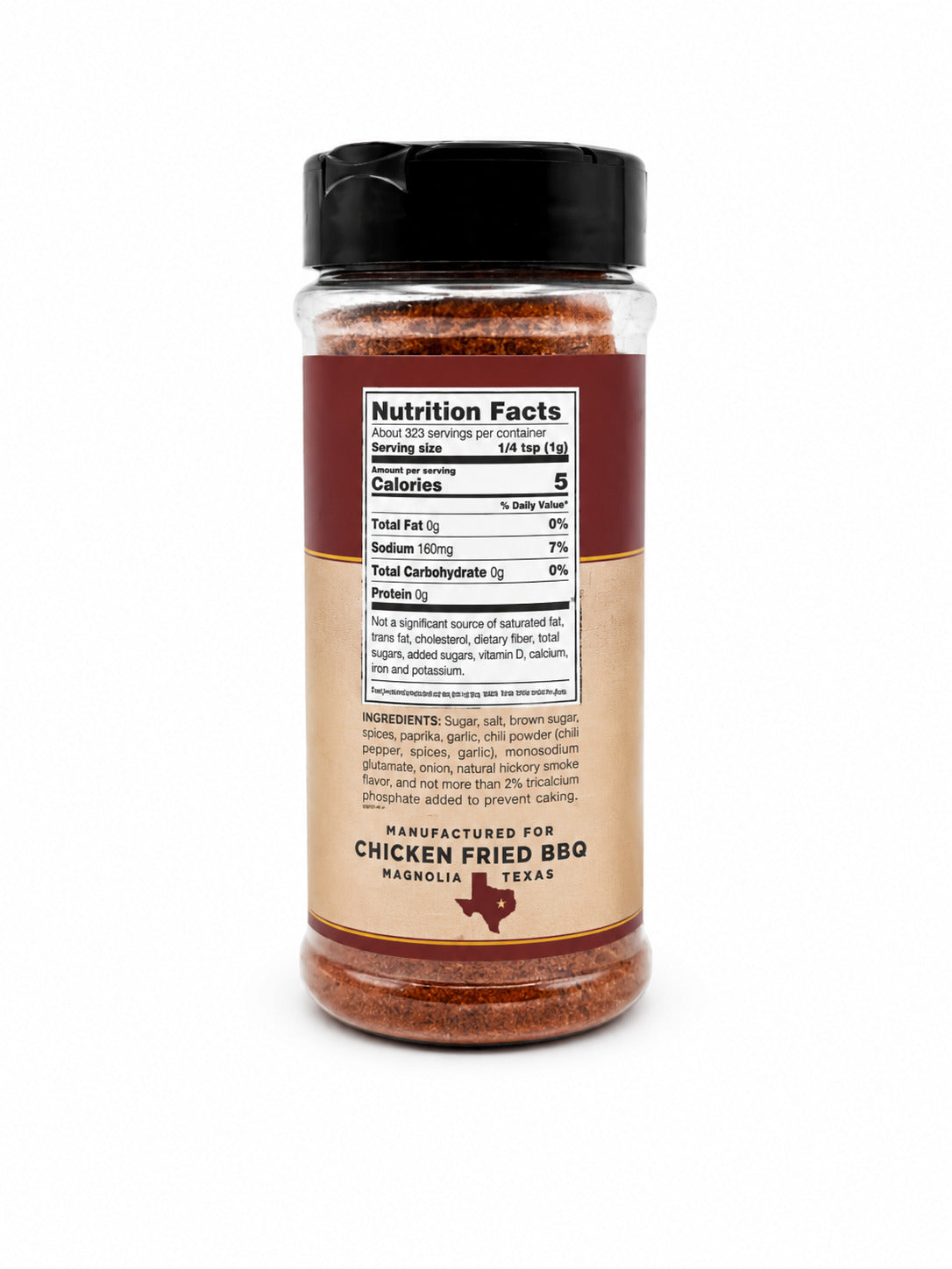 Spice jar with nutrition facts label on a white background