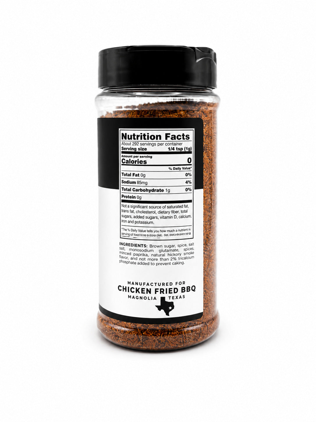 Spice jar with nutrition facts label on a white background