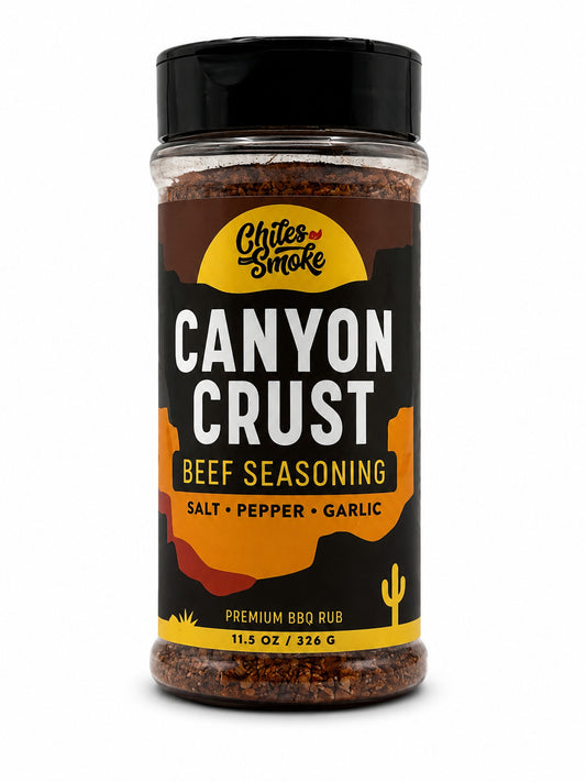 Bottle of Canyon Crust beef seasoning with visible branding on a white background