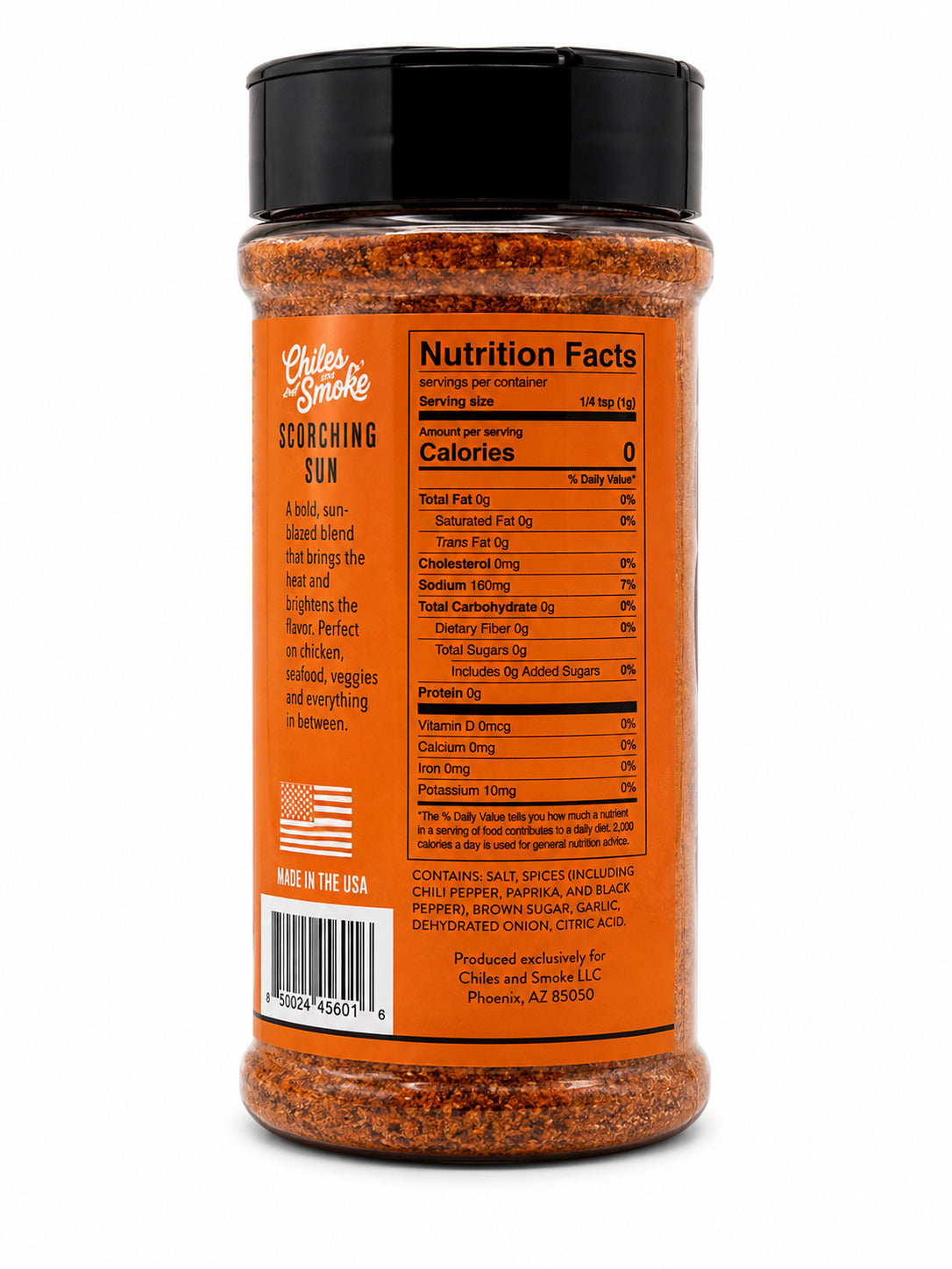 Chiles and Smoke Scorching Sun jar with nutrition facts label on a white background