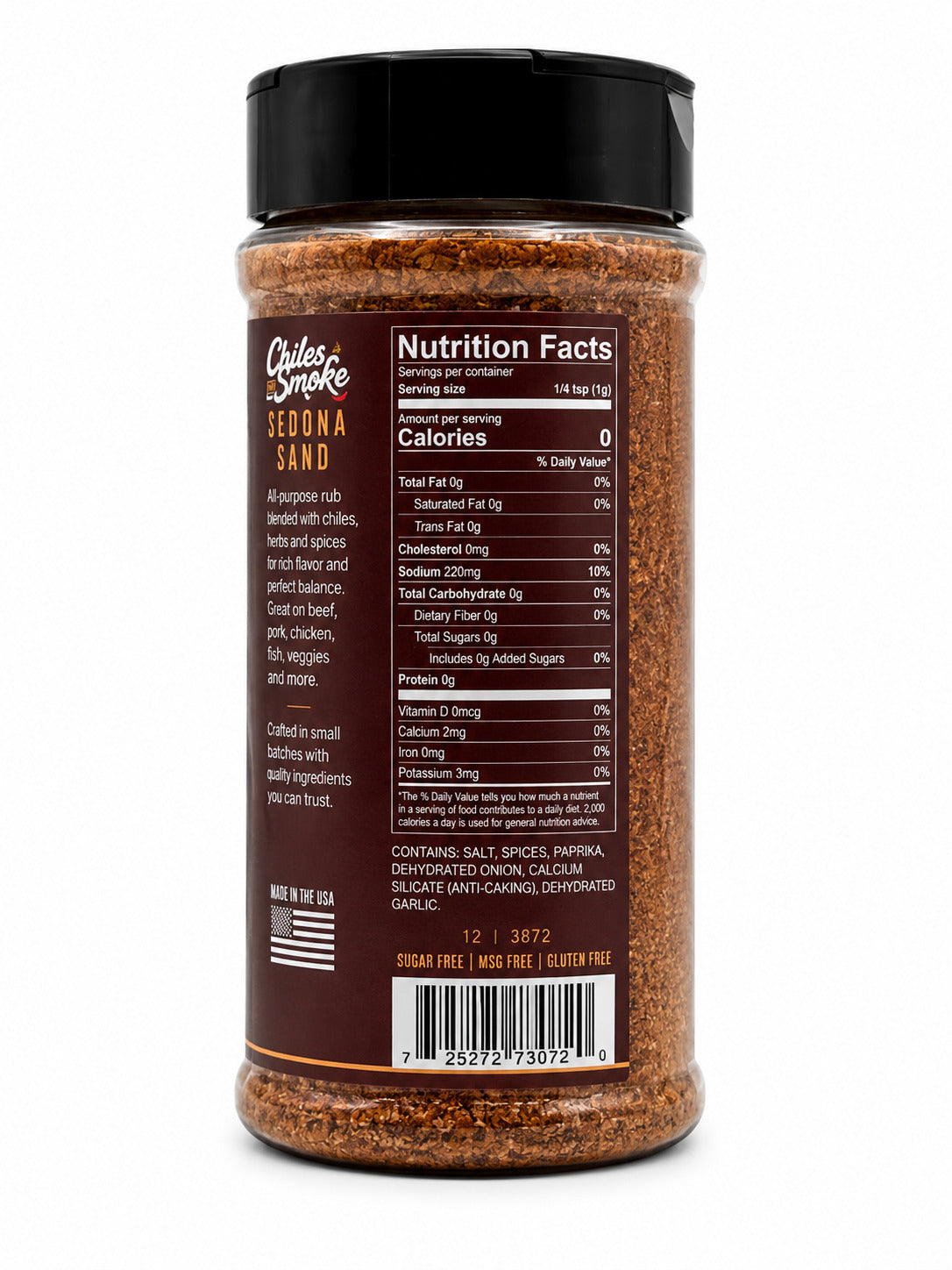 Jar of Chiles and Smoke Sedona Sand with nutrition facts label on a white background