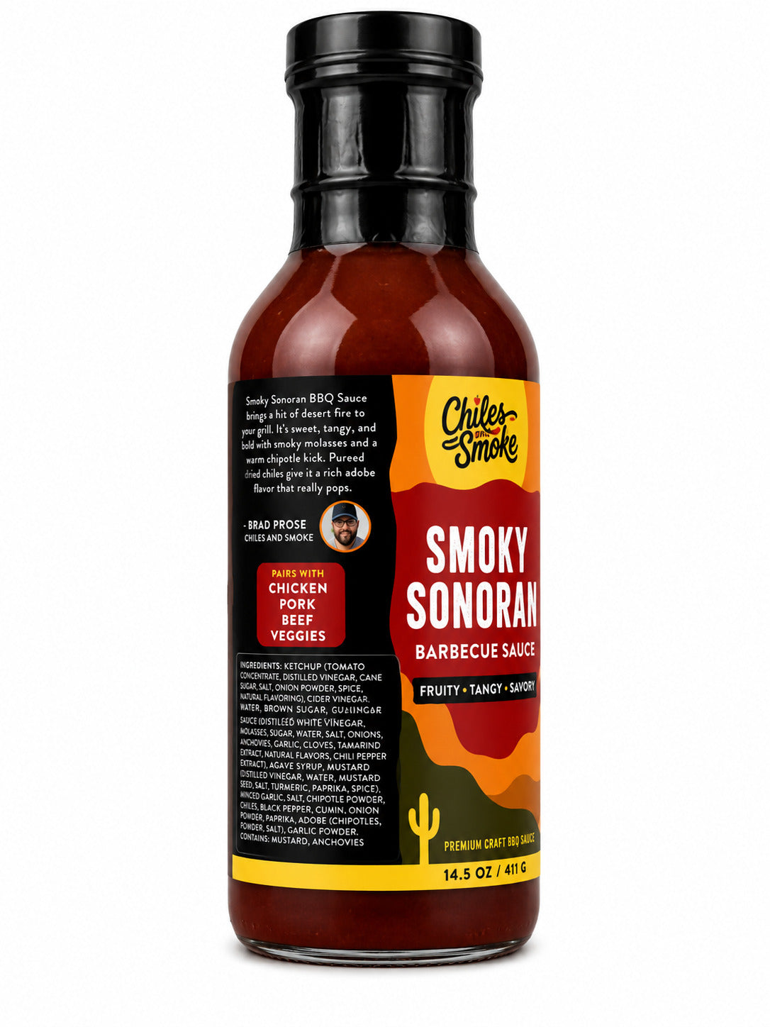 Chiles and Smoke Smoky Sonoran BBQ Sauce Ingredients label on a white background