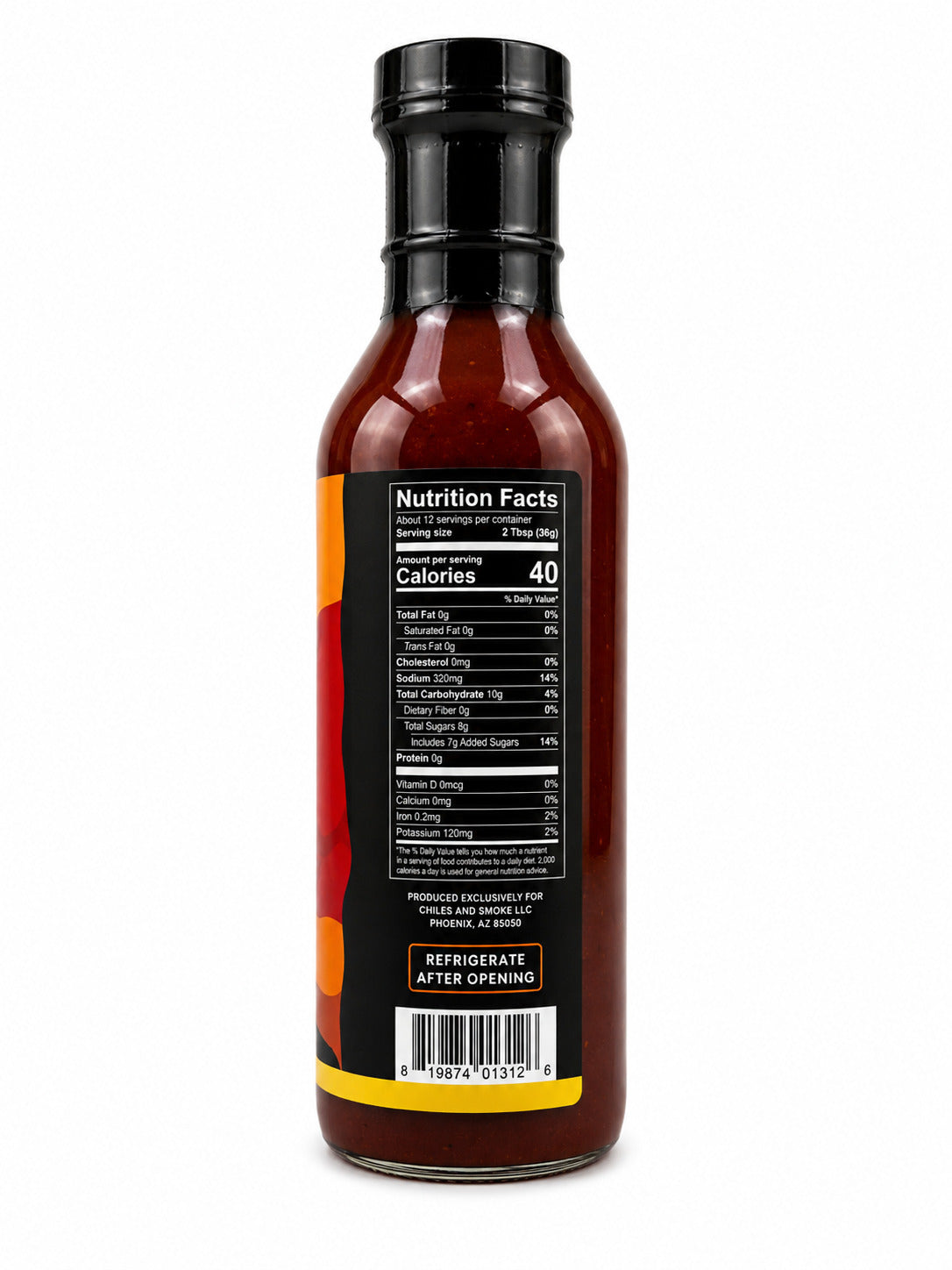 Chiles and Smoke Smoky Sonoran BBQ Sauce Bottle with nutrition facts label on a white background