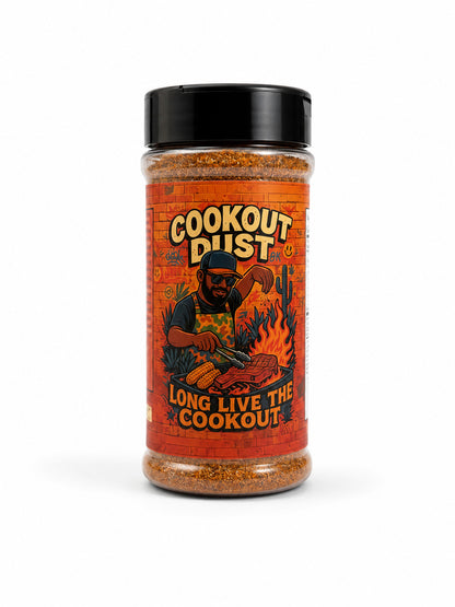 Jonathan BBQ  rub bottle labeled 'Cookout Dust' with a graphic of a person cooking on a grill on a white background