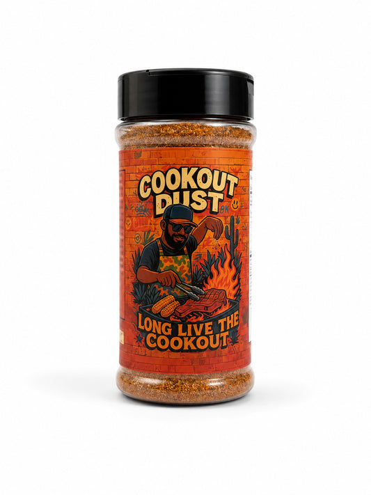 Jonathan BBQ  rub bottle labeled 'Cookout Dust' with a graphic of a person cooking on a grill on a white background