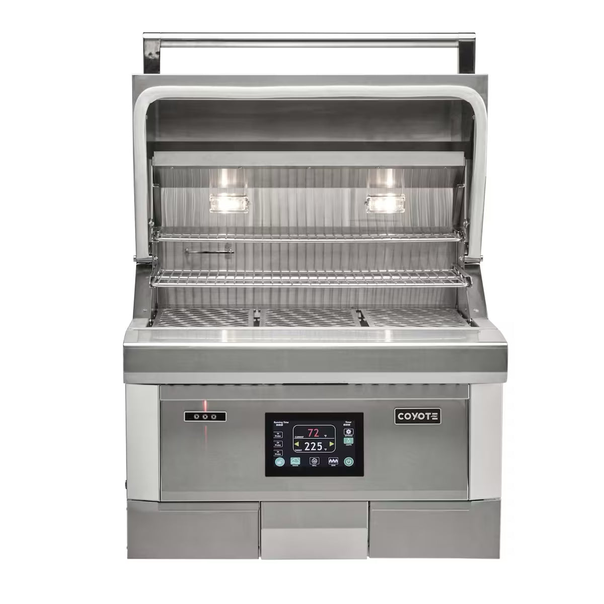 Coyote Pellet Grill with lid open on a white background