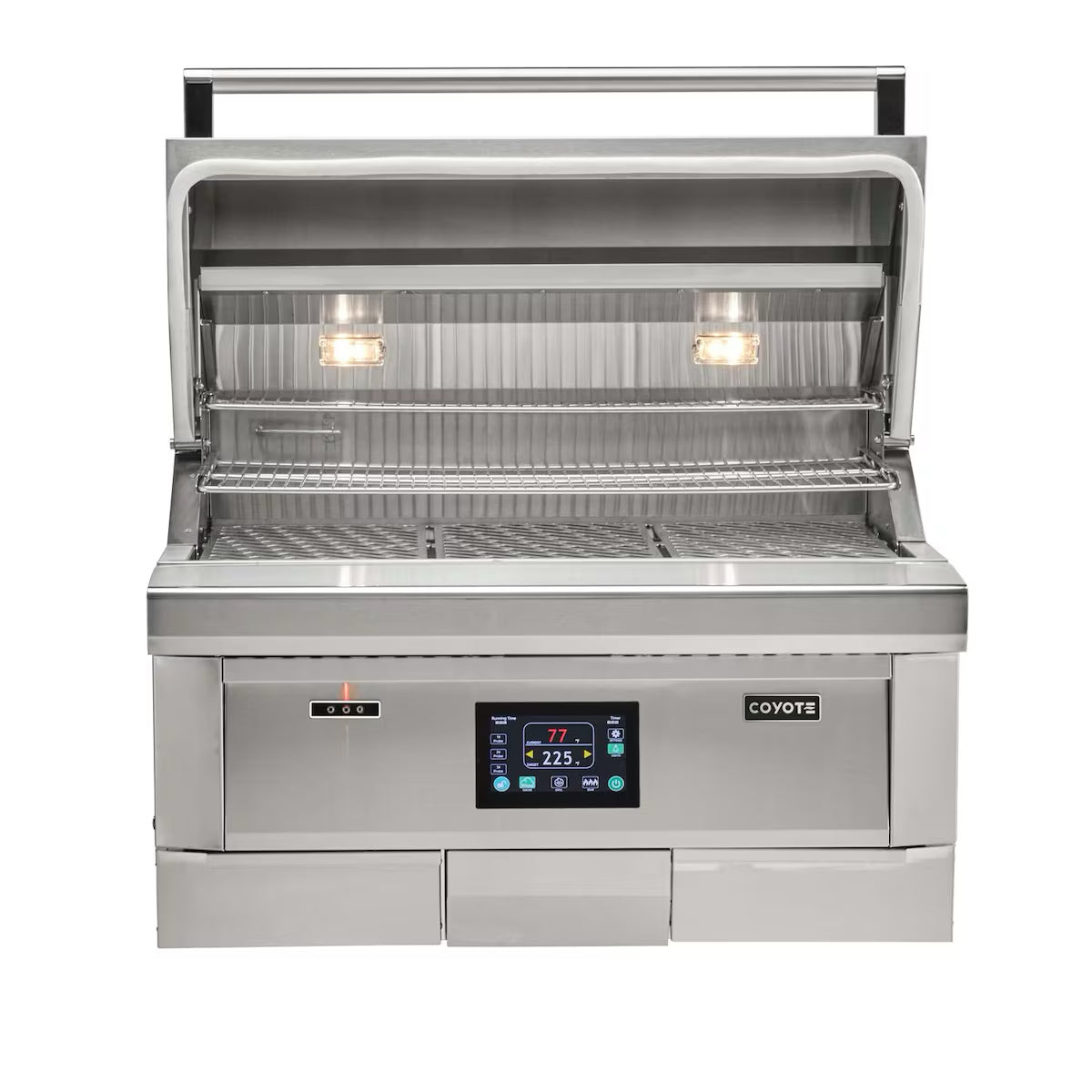 Coyote Pellet Grill 36" Built in model with lid open on a white background