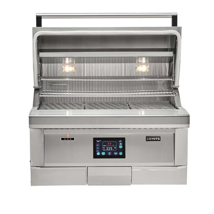 Coyote Pellet Grill 36" Built in model with lid open on a white background