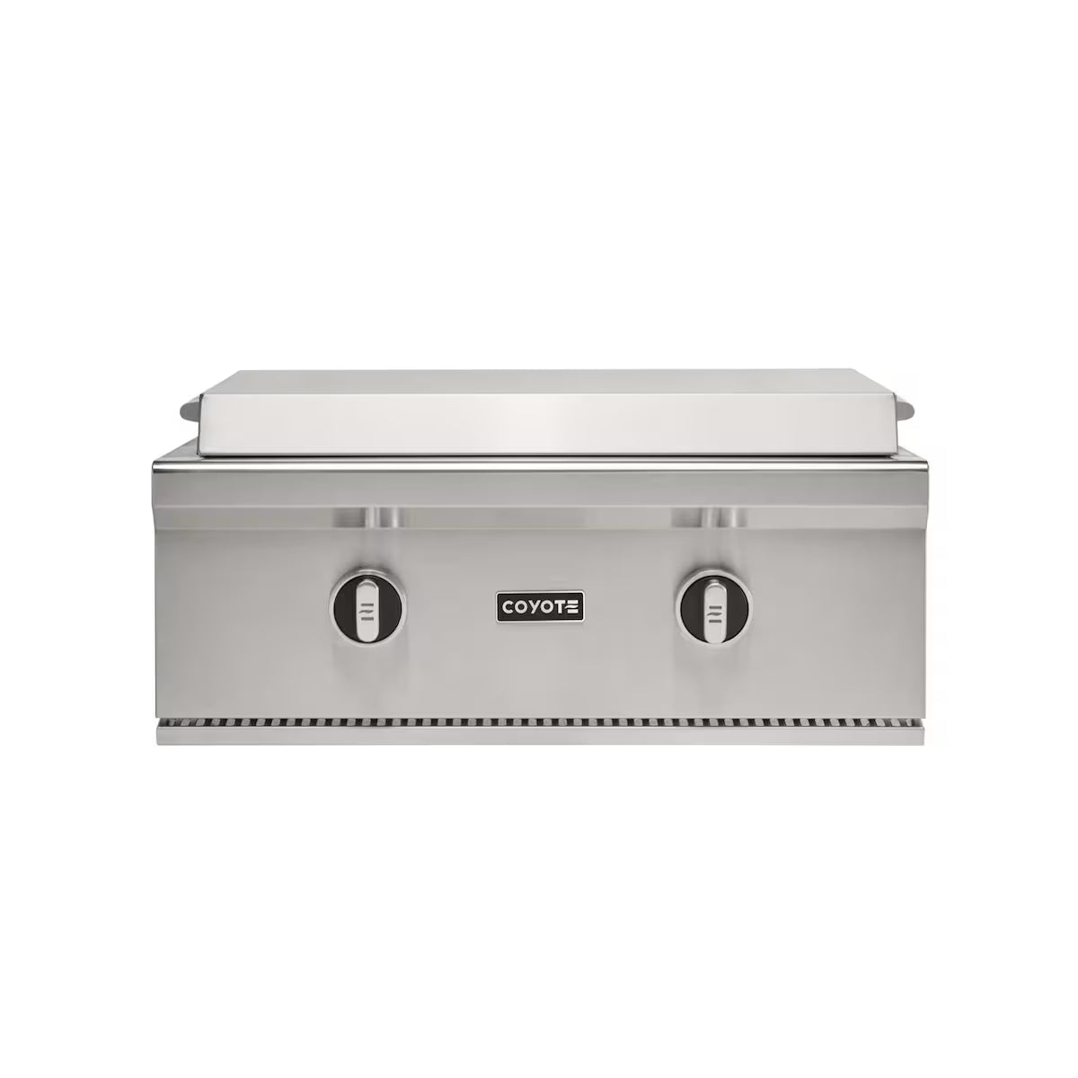 Coyote 30" Built In Flat Top Griddle with lid on a white background