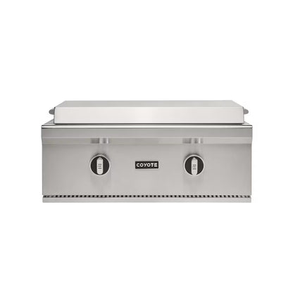 Coyote 30" Built In Flat Top Griddle with lid on a white background