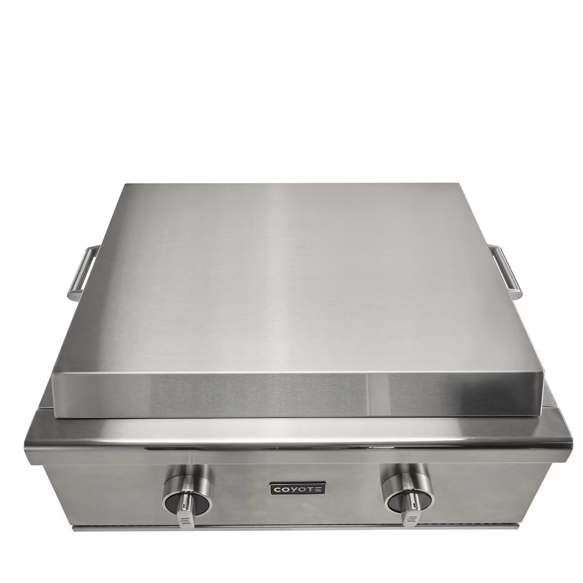 Top view of Coyote 30" Built In Flat Top Griddle with lid on a white background