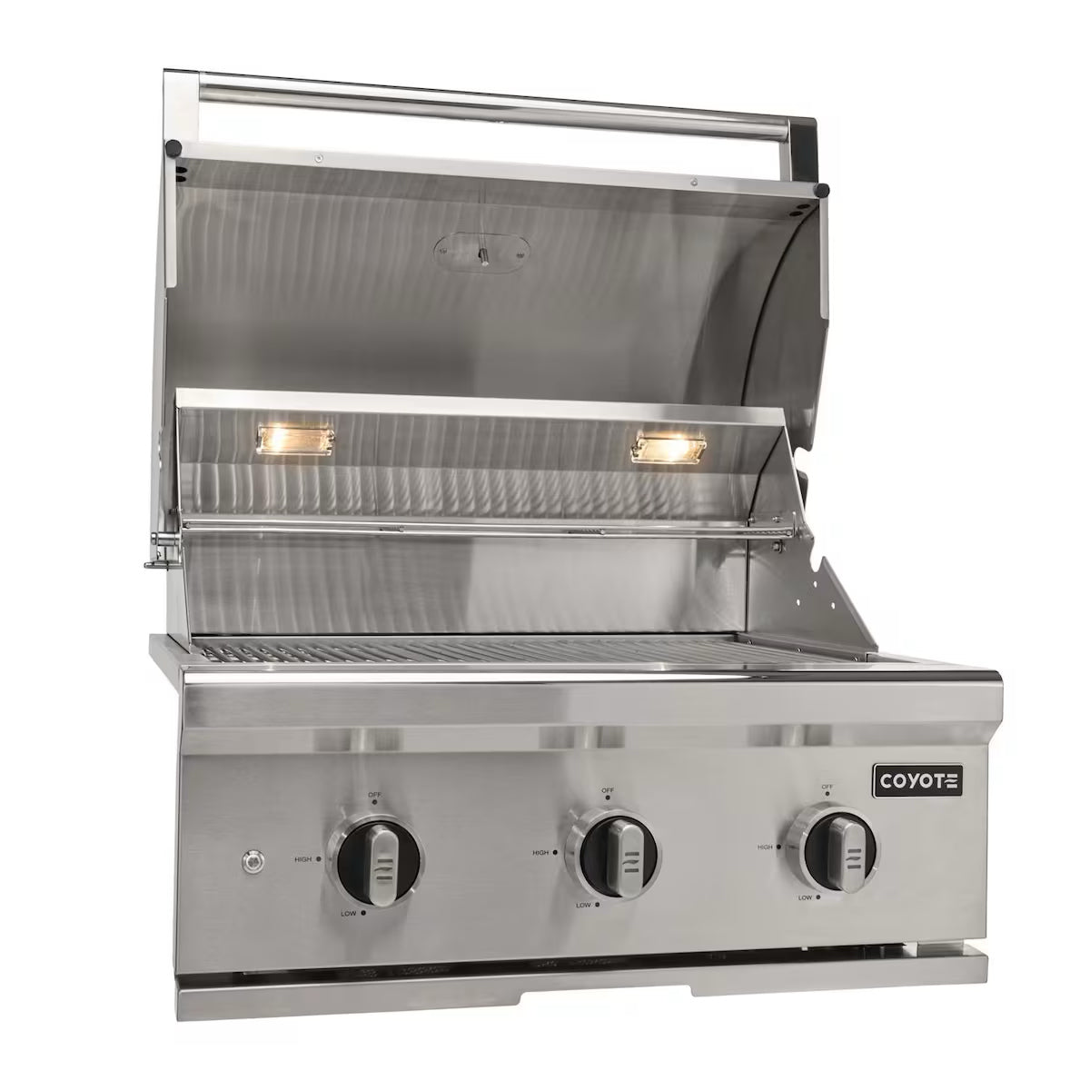 Coyote C Series Gas Grills with lid open and lights on, on a white background