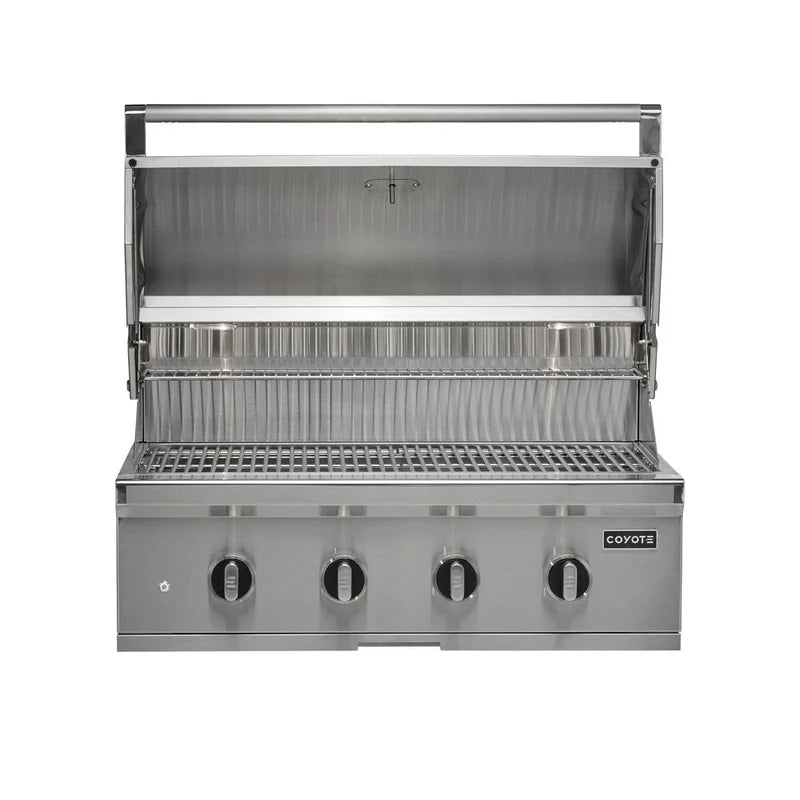 Coyote CL Series Built In Grill with lid open on a white background