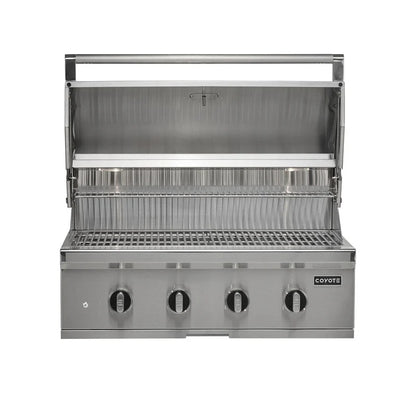 Coyote CL Series Built In Grill with lid open on a white background