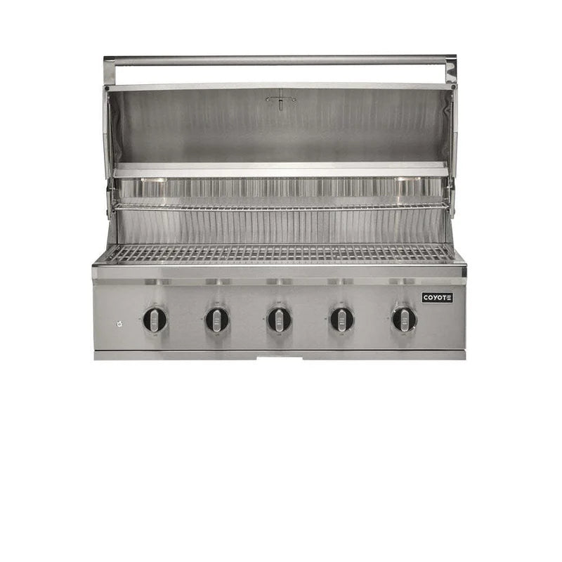 Coyote CL Series Built In Grill with lid open on a white background