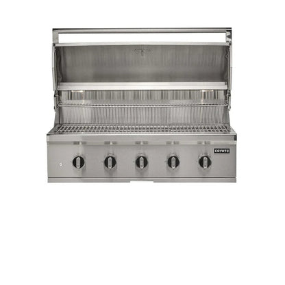 Coyote CL Series Built In Grill with lid open on a white background