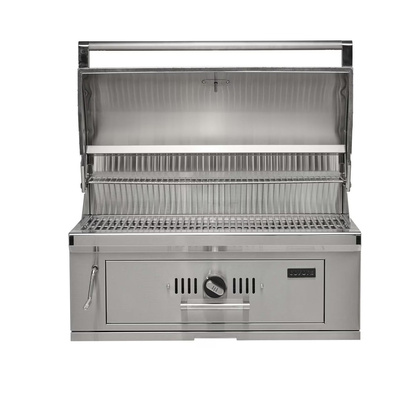 Coyote 36” Built In Charcoal Grill with lid open on a white background