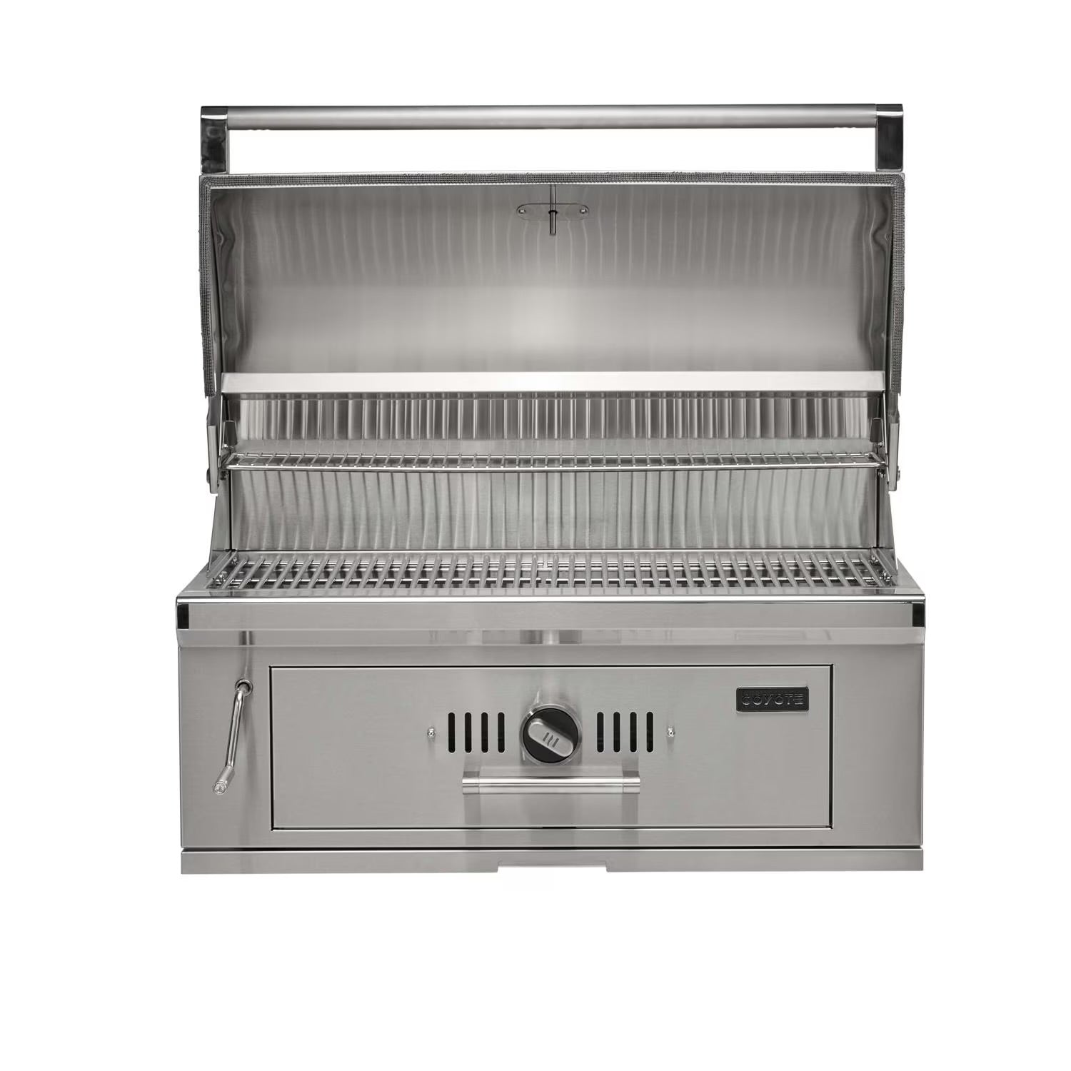 Coyote 36” Built In Charcoal Grill with lid open on a white background