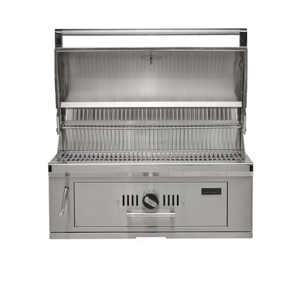 Coyote 36” Built In Charcoal Grill with lid open on a white background