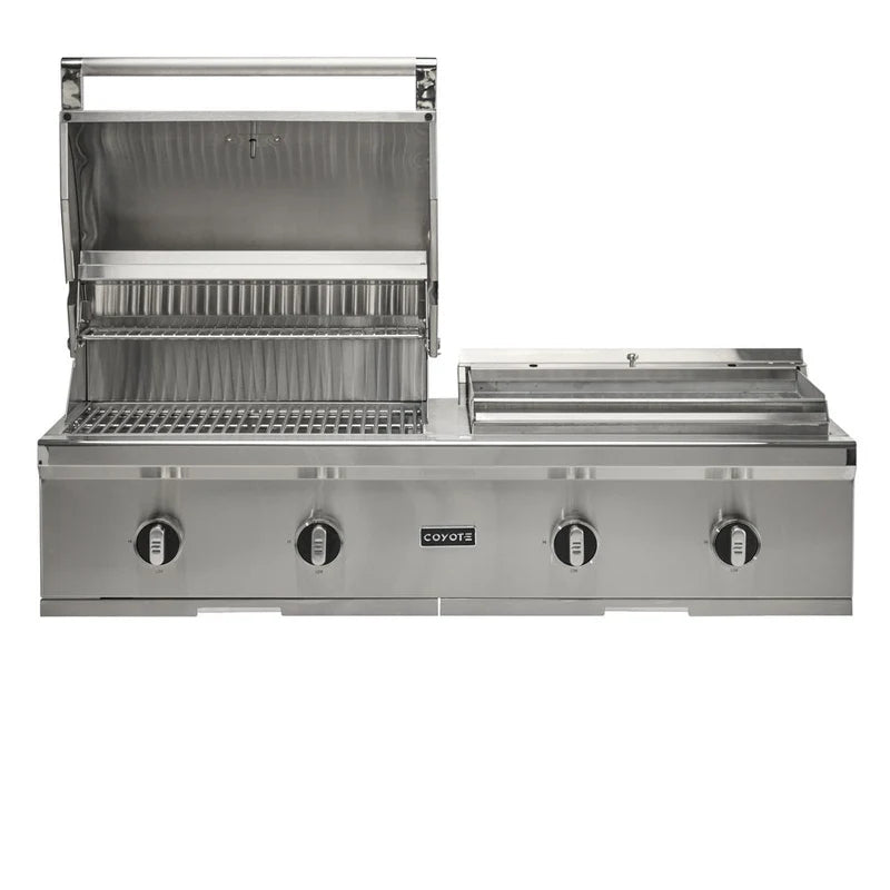 Coyote 50-in Built-In Propane Grill / Flat Top Combo with grill lid and Flat Top Lid open on a white background