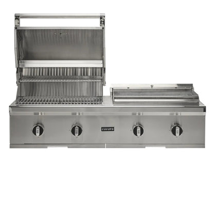 Coyote 50-in Built-In Propane Grill / Flat Top Combo with grill lid and Flat Top Lid open on a white background