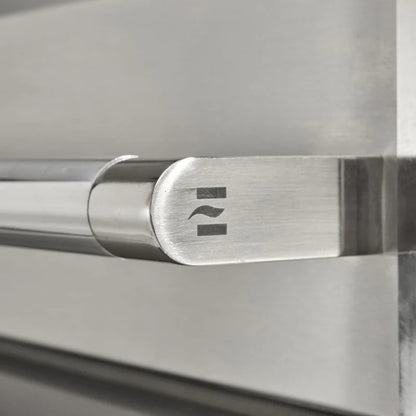 Close up of handle on the Coyote 50-in Built-In Propane Grill / Flat Top Combo on a white background