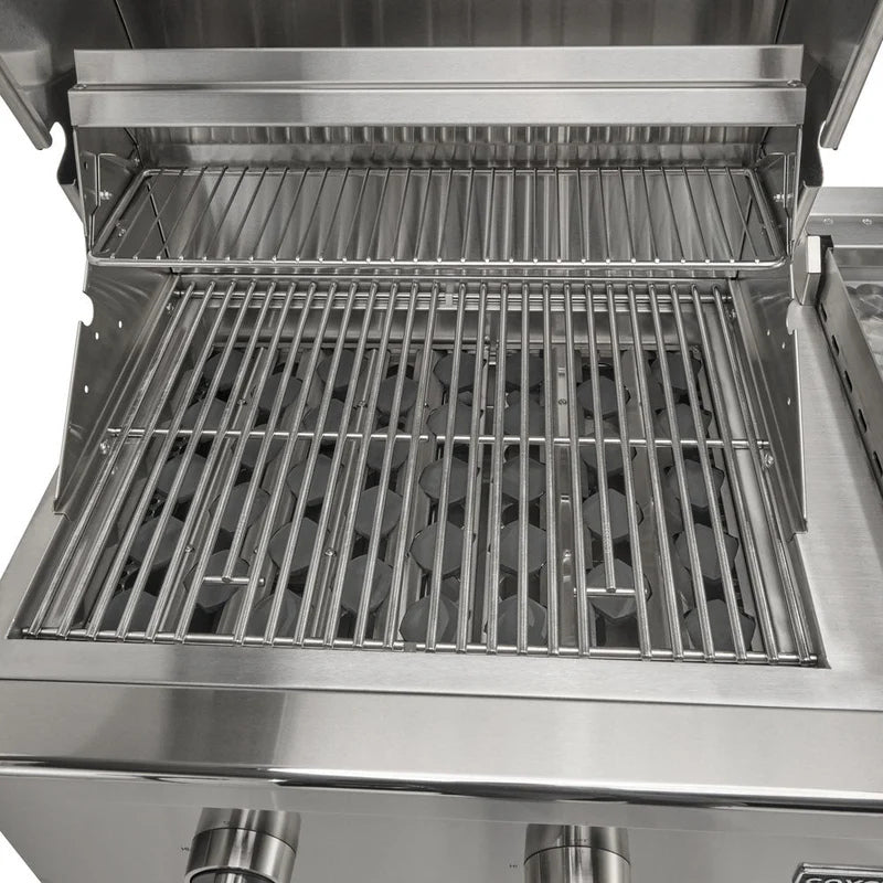 Coyote 50-in Built-In Propane Grill / Flat Top Combo with grill lid open showing ceramic briquette tray