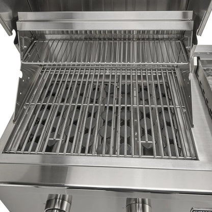 Coyote 50-in Built-In Propane Grill / Flat Top Combo with grill lid open showing ceramic briquette tray